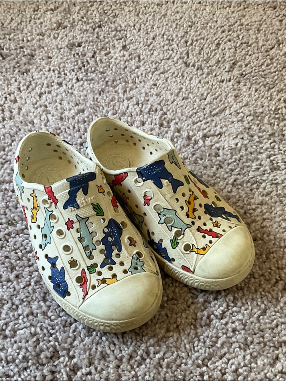 NATIVE Kids Slip-On Water Shoes with Colorful Shark Print, size C7